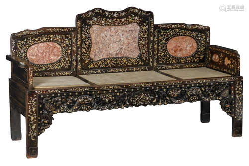 A Chinese hardwood setee with marble plaques and floral decorated with mother of pearl inlay, H 106 - W 185 - D 61 cm