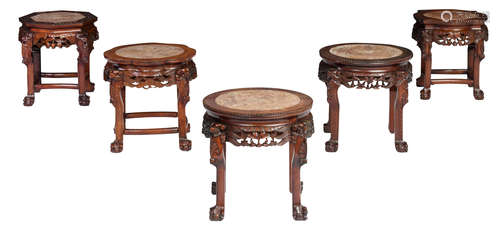 Five Chinese exotic hardwood carved bases with a marble top, H 46 - ø 45 cm