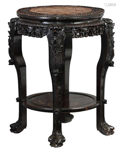 A Chinese exotic hardwood carved base with a marble top, H 81 - ø 68 cm