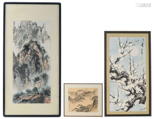 Two Chinese watercolours on paper, one watercolour depicting a mountainous landscape, 44 x 95,5 cm / framed 67 x 133 cm, one watercolour depicting a blossoming tree, 45 x 92 cm / framed 58 x 105,5 cm; extra added: a reproduction on silk, 30 x 36,5 cm / framed 41 x 47,58 cm 