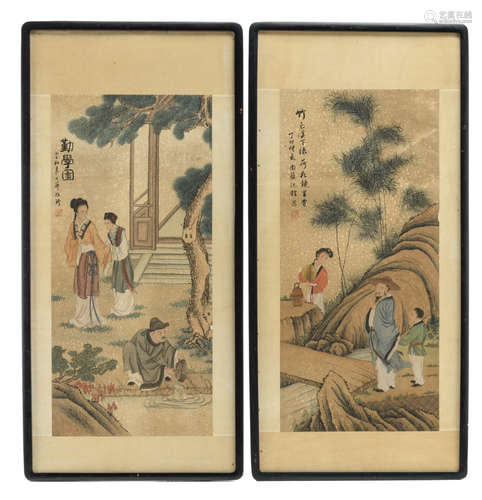 Two Chinese framed watercolours, one watercolour depicting a peasant family in rest while the lady is preparing tea, 42,5 x 92 - 58 x 123 cm (with frame), one watercolour depicting a lady of class on a garden terrace, accompanied by a maid, 58 x 123 - 58,5 x 123,5 cm 