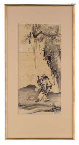 A Chinese 19thC Indian ink drawing on pith paper, depicting a poet, throwing his poems into the world, 25 x 52 - framed 41 x 78 cm