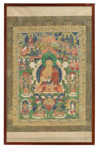 A Nepalese or Tibetan thangka, depicting deities and monks of the Nyingma school, 18th / 19thC, 77 x 105 - framed 82 x 128,5 cm