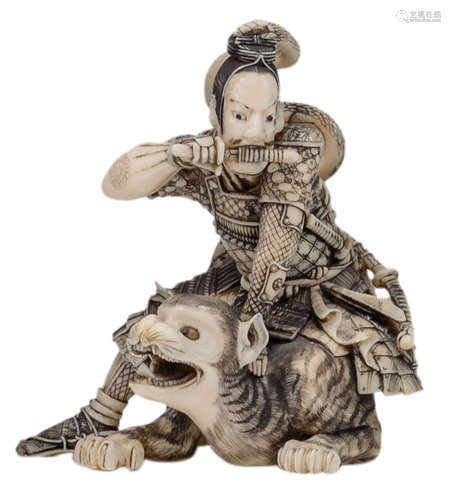 A Japanese ivory okimono, depicting the famous archer Yorimasa, killing a Nuye, 19thC, H 8,2 cm - weight 114 gAdded expertise report according to CITES legislation. For European Community use only.