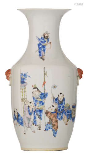 A Chinese polychrome decorated vase with playing boys and signed texts, marked Xuantong, H 44,5 cm