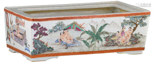 A Chinese famille rose and polychrome decorated rectangular cachepot with erotic scenes, marked, 19thC, H 14,5 - W 43,5 - D 24 cm  