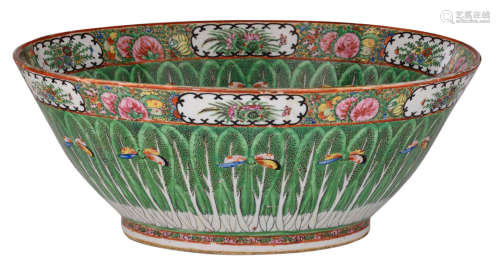 A Chinese Canton famille rose porcelain bowl, decorated with cabbage leaves and butterflies, 19thC, H 16,5 - ø 40,5 cm