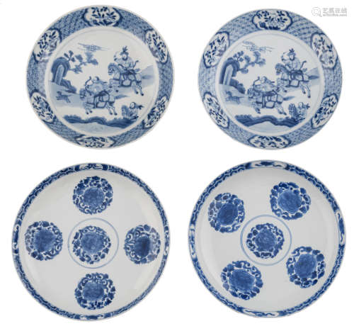 A pair of Chinese Kangxi blue and white 'peony' plates; added: two ditto plates, decorated with a hunting scene, all plates with a Kangxi symbol mark, 18thC, H 4 - 4,5 - ø 23,5 - 24 cm  
