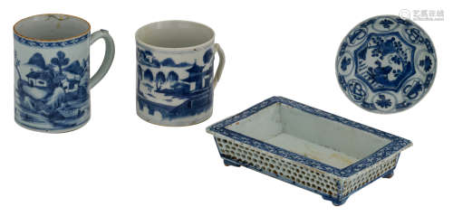 A Chinese blue and white Kraak porcelain dish with a duck in a pond, late Ming, ø 14,5 cm; added: two Chinese blue and white export porcelain tankards, both decorated with a village landscape; extra added: a ditto rectangular jardiniere with openwork details, H 5,3 - 14 - W 23,5 - D 16      