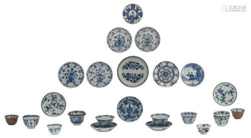 Several sets of Chinese Kangxi blue and white tea cups and saucers, two sets in café-au-lait, some floral decorated, one set with figures, four sets with lobed edges, some marked Kangxi, H 3,9 - 5,3 - ø 12 - 16 cm