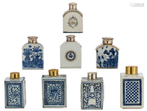Eight Chinese blue and white and famille rose decorated export porcelain tea caddies, some rectangular shaped, some with rounded shoulders, some with a silver or gilt bronze lid, 18thC, tested on silver purity, H 11 - 15 cm
