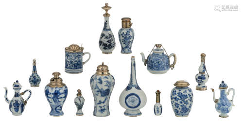Various Chinese Kangxi blue and white miniature vases, bottles and teapots, some floral decorated, some with 'Long Eliza', 18thC, H 7 - 16,5 cm