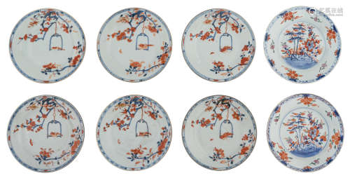 Six Chinese Imari dishes, decorated with a parrot on a swing and flower branches; added: a ditto pair of dishes with flower baskets, ø 23 - 24 cm