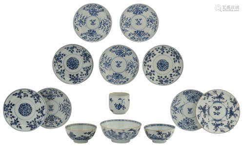 Nine Chinese underglaze-blue decorated café-au-lait glazed dishes with various flower designs; added: three ditto blue and white bowls, some with flower designs and one bowl with a pavilion in a landscape; extra added: a ditto floral pot, H 3,9 - 5,3 - ø 12 - 16 cm