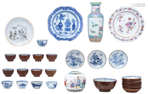 A lot of various Chinese porcelain items, consisting of a famille rose vase, the roundels decorated with peonies in the kakiemon style, 18thC, eight café-au-lait tea bowls and eleven ditto matching saucers, the inside and the well blue and white decorated, 18th / 19thC, one ditto bigger bowl as the previous, five blue and white tea bowls, decorated with a willow pattern in the Nanking manner, 18thC, an 18thC blue and white decorated octagonal dish, an 18thC floral decorated famille rose export porcelain dish, an 19thC famille rose dish and a ditto 20thC ginger jar, H 3 - 26 - Ø 7,5 - 23 cm