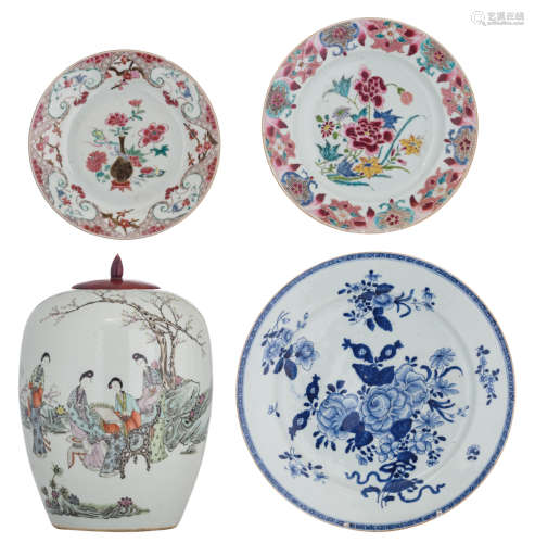 Two Chinese famille rose export porcelain dishes, decorated with antiquities and flower bundles, 18thC; added: a Chinese polychrome decorated ginger jar, with beauties in a garden, the back with a signed text; extra added: a Japanese Arita blue and white charger, decorated with flower bundles and pomegranates, late 19thC, 