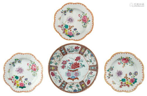 Three Chinese famille rose floral decorated lobed dishes; added: a ditto plate with a flower basket, ø 18,5 - 23 cm  