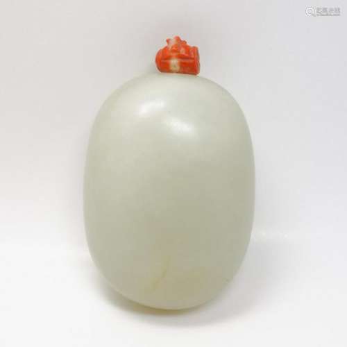 White Jade Snuff Bottle With Coral Top