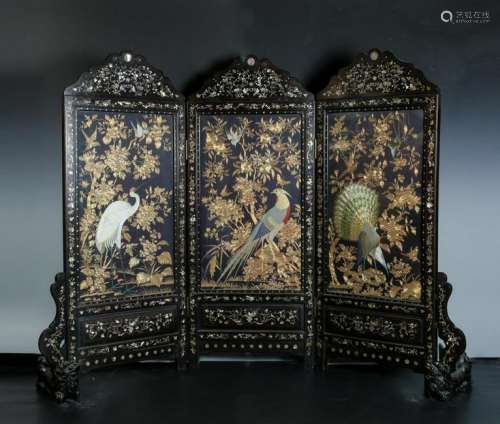 Three Embroidered 'Birds and Flower'Panel With Rosewood