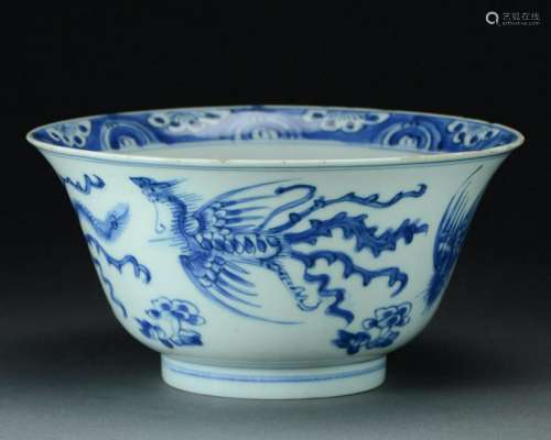 Blue & White Porcelain Phoenix Bowl,  Kangxi Period