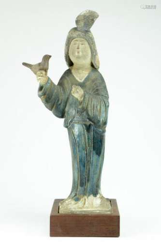 Tang Pottery Figure of Court Lady with Bird