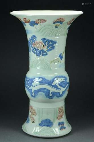 Large Porcelain Gu Vase, Dragons & Landscape