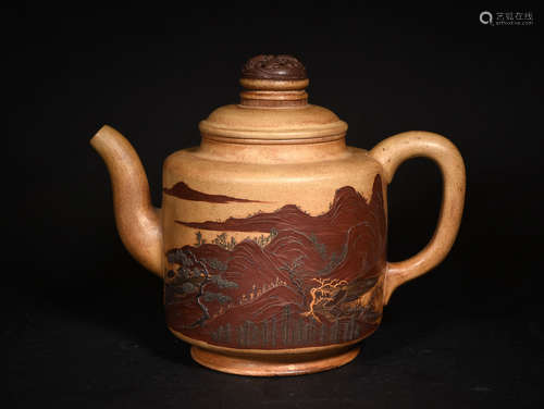 A  PURPLE  SAND  MOULDING  LANDSCAPE  PATTERN  POT  IN TONGZHI