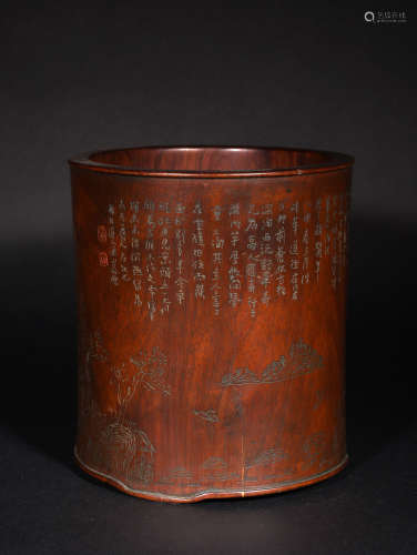 A  HUNAGHUA  PEAR  CARVED LANDSCAPE POETRY  PEN  CONTAINER IN EARLY QING  DYNASTY