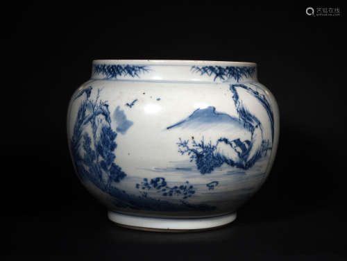 A   BLUE  AND  WHITE  CONSECRATED   PORRIDGE  POT  WITH  MOUNTAINS  AND  RIVERS  IN KANGXI  PERIOD