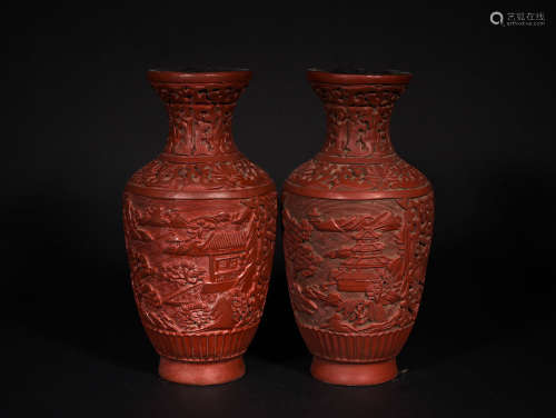 A  PAIR  OF    LACQUER  CARVED  LANDSCAPE  BOTTLES IN  QING DYNASTY