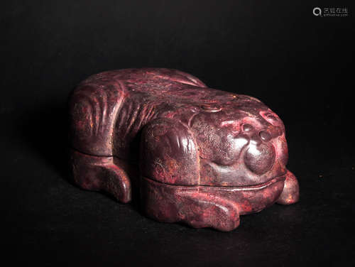 AN ANTIQUE  COPPER  FU  INKSTONE WITH  COLOURFUL  TIGER  IN  QIANLONG  PERIOD