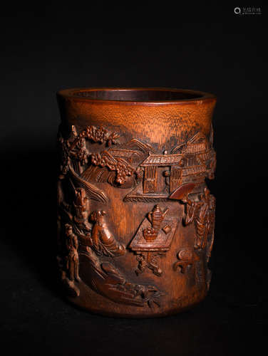 A   QING  DYNASTY  BAMBOO  CARVED  PEN  CONTAINER   WITH  OPERA FIGURES