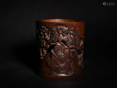 A  QING  DYNASTY BAMBOO  CARVED  PEN  CONTAINER  WITH  CHARACTERS UNDER  PINE  TREES