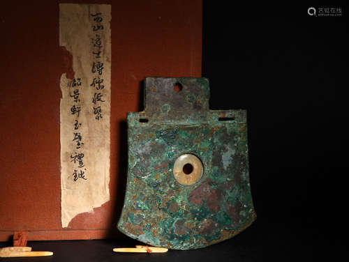 A   SHANG  DYNASTY  BRONZE  INLAID  JADE  AXE