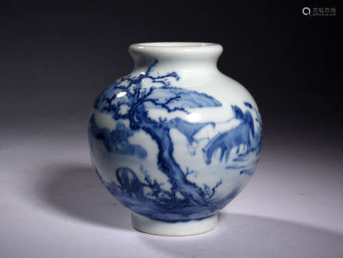 A  BLUE  AND  WHITE  LANDSCAPE  POT  PAINTED  WITH    EIGHT  FINE HORSES    IN  QING  DYNASTY
