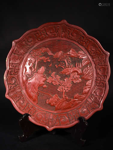 A COPPER TIRE  LACQUER   CARVED   LANDSCAPE   PLATE  IN LATE  QING  DYNASTY