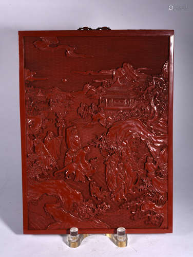 A   LACQUARE  CARVED  RED  WALL  HANGING  WITH  A   GROUP  OF  FAIRIES  CONGRATULATING   ON  BIRTHDAY, IN  THE  QING  DYNASTY