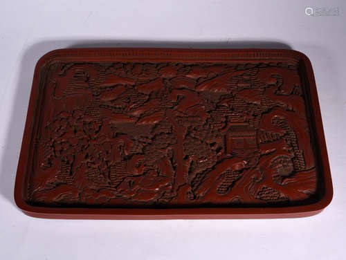 A   LACQUARE  CARVED  RED  SQUARE  PLATE  PAINTED   WITH  PAVILIONS, IN  THE  QING  DYNASTY