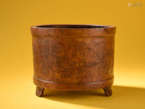 A   QING  DYNASTY    COPPER   CARVED     TUBE   FURNACE  OF  