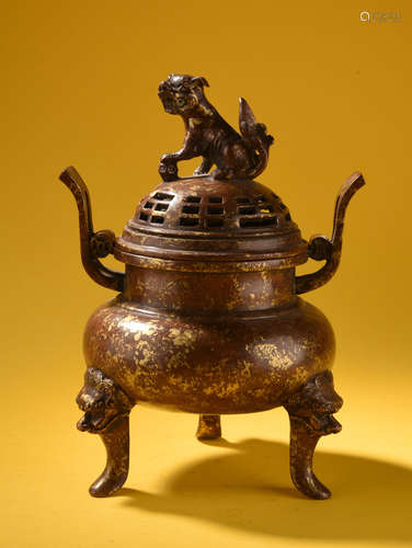 A   QING  DYNASTY  COPPER   AND  GOLD   LION   BUTTON  BINAURAL  TRIPOD  FURNACE