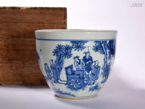 A    BLUE  AND  WHITE   CYLINDER   WITH   LANDSCAPE  AND  CHARACTERS  IN  CHONGZHEN  PERIOD