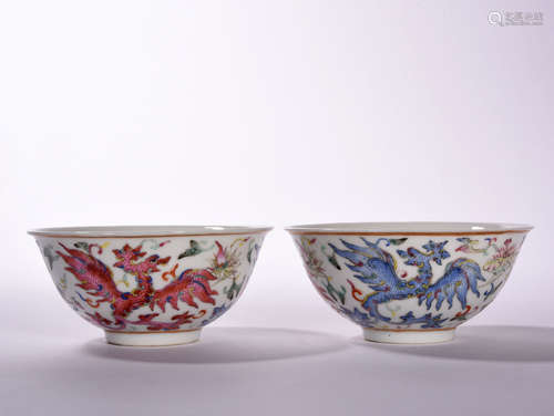 A  PAIR  OF  POWDER  ENAMEL   KUI  PHOENIX  PATTERN  BOWLS   IN  XUANTONG