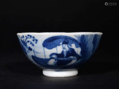 A    QING  DYNASTYBLUE  AND  WHITE  CUP  OF LOOKING  FOR  A COMPANION IN  HIGN   MOUNTAINS AND  FLOWING  WATER