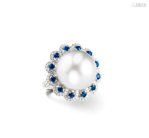 天然南洋海水白珍珠配蓝宝石镶钻石戒指