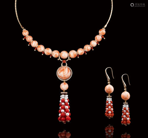 台湾澎湖深海圆珠珊瑚配18K金镶钻石及红珊瑚项链、耳环套装