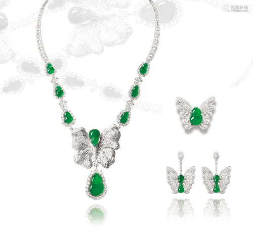 缅甸天然满绿翡翠配18K白金镶钻石葫芦蝴蝶形项链、耳环、戒指套装