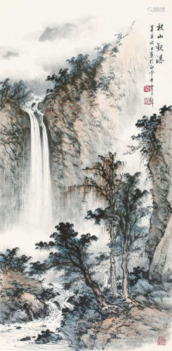 黄君璧 1898-1991 秋山观瀑 设色纸本