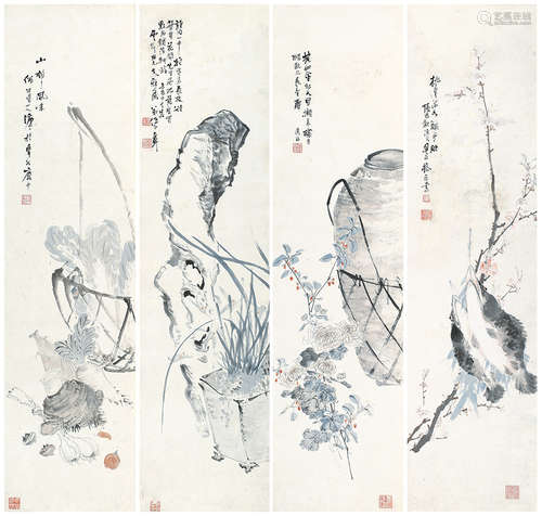 伍德彝 1864-1928 花卉四屏 设色纸本