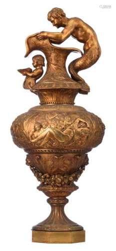 An imposing Renaissance Revival ewer, the body continuously decorated with grotesques, acanthus leaves and fruit garlands, the roundels set with scenes of Diana and Actaeon, and on top two mythological tritons, H 98 cm