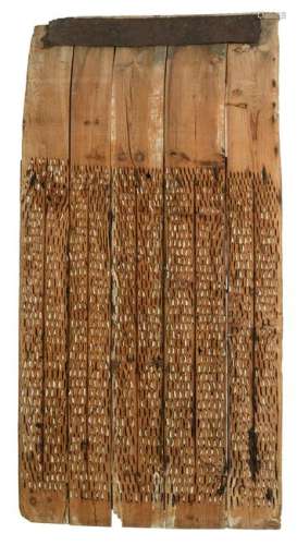A 19th/20thC Mediterranean threshing board used to separate cereals from their straw, H 14 - L 184 - W 93 cm